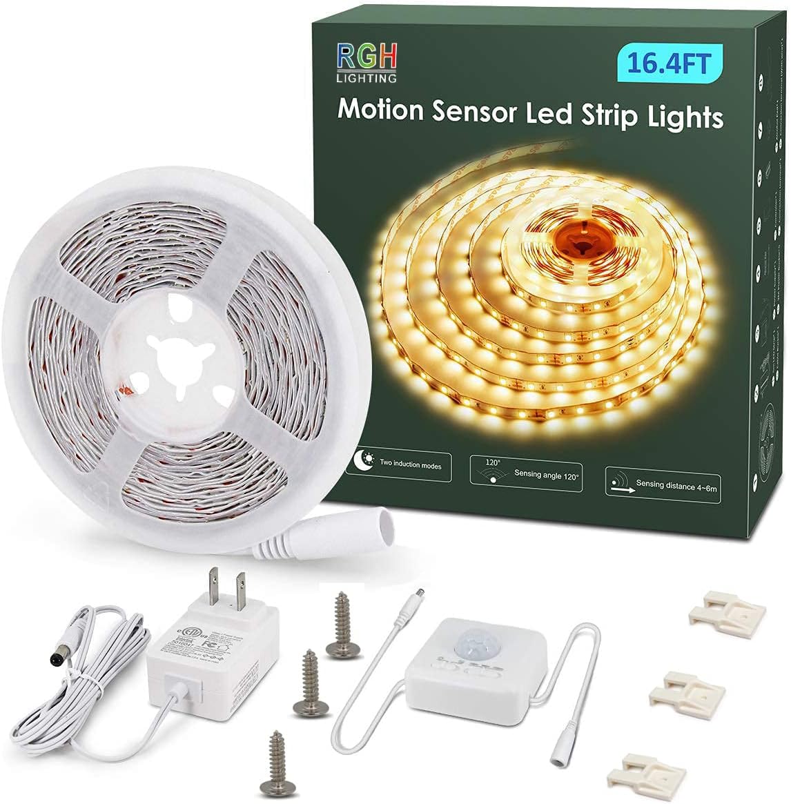 Motion Activated LED Strip Lights,RGH LIGHTING 16.4ft LED Light Strip with Day or Night 2 Lighting Modes,3 Timing Off Modes,Cozy Warm White 12v Plug-in LED Rope Lights for Under Cabinet,Kitchen,Stair
