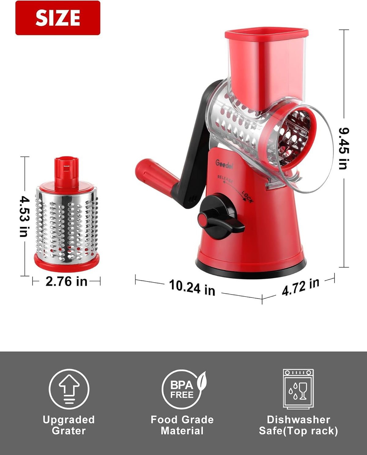 Geedel Rotary Cheese Grater, Kitchen Mandoline Vegetable Slicer with 3 Interchangeable Blades, Easy to Clean Rotary Grater Slicer for Fruit, Vegetables, Nuts