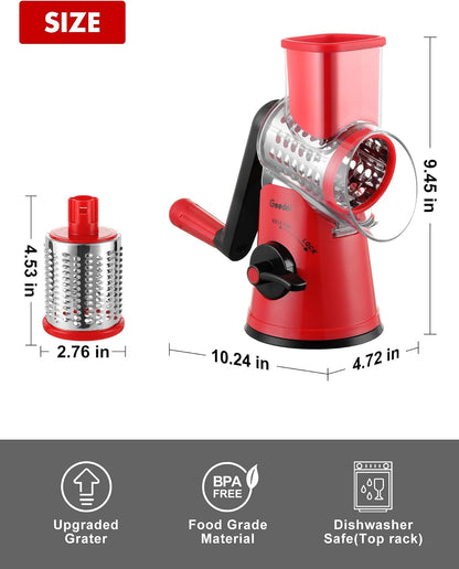 Geedel Rotary Cheese Grater, Kitchen Mandoline Vegetable Slicer with 3 Interchangeable Blades, Easy to Clean Rotary Grater Slicer for Fruit, Vegetables, Nuts
