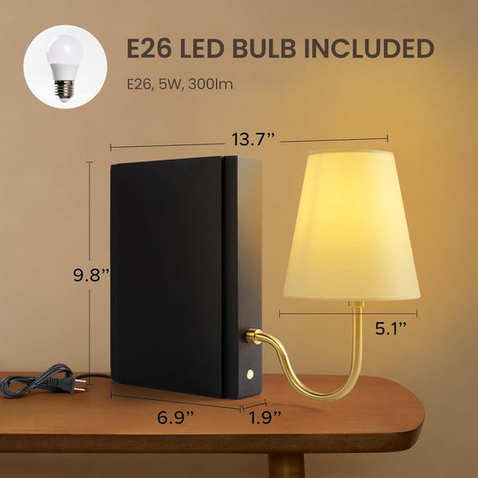 AELS Solid Wood Bookshelf Lamp with Bulb, Cordless Rechargeable Touch Dimmable Table Lamp with Linen Fabric Shade, Modern Decorative Bookend Lamp for Bedroom, Office & Bookshelf Decor, Dark Brown