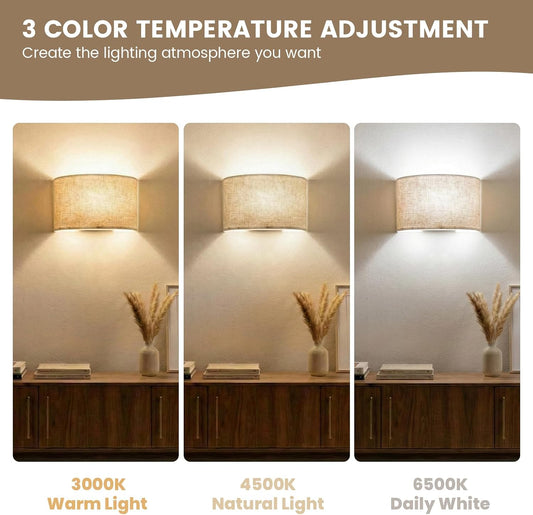 Wireless LED Wall Sconce with Rmote,3 Colors Stepless Dimming Indoor Wall Light with Rechargeable LED Bulb,Fabric Up and Down Wall Mount Light for Living Room Bedroom Hallway Decor(1Pack)