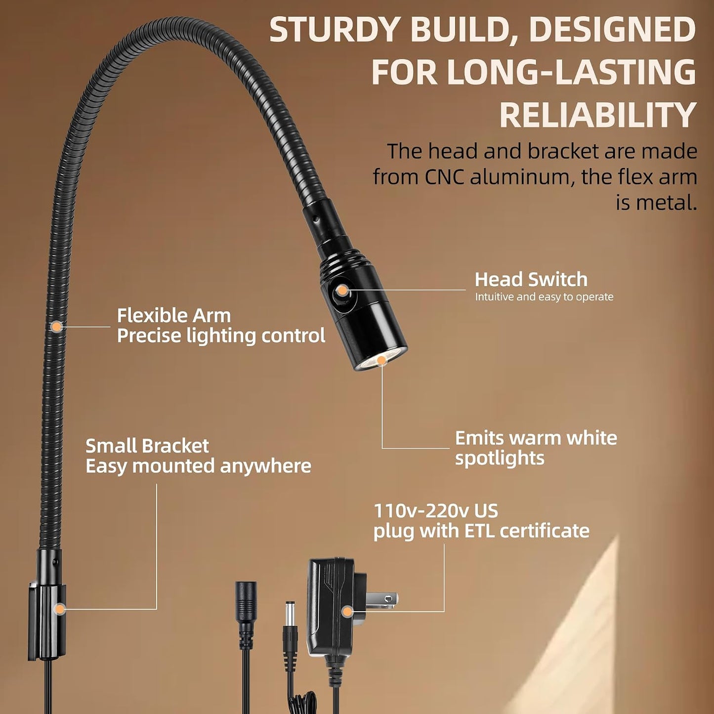 Reading LED Light for Bedside Bedroom Wall Mount Adjustable Gooseneck Black