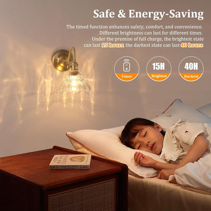 Shenmoyl Battery Operated Wall Sconce Wall Lamp with Green Lily of the Valley Shade Pattern Glass Adjustable Chain Retro Gold Wall Mounted Light, Modern Wall Lamp Fixtures Decor for Bedside Bedroom