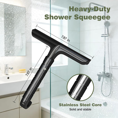 Roylvan Silicone Shower Squeegee for Glass Doors with Built-in Hook, Black | All-in-One Shower Squeegee with Ergonomic Grip, Household Window Mirror Cleaner for Bathroom Glass Kitchen Tile Wall Car