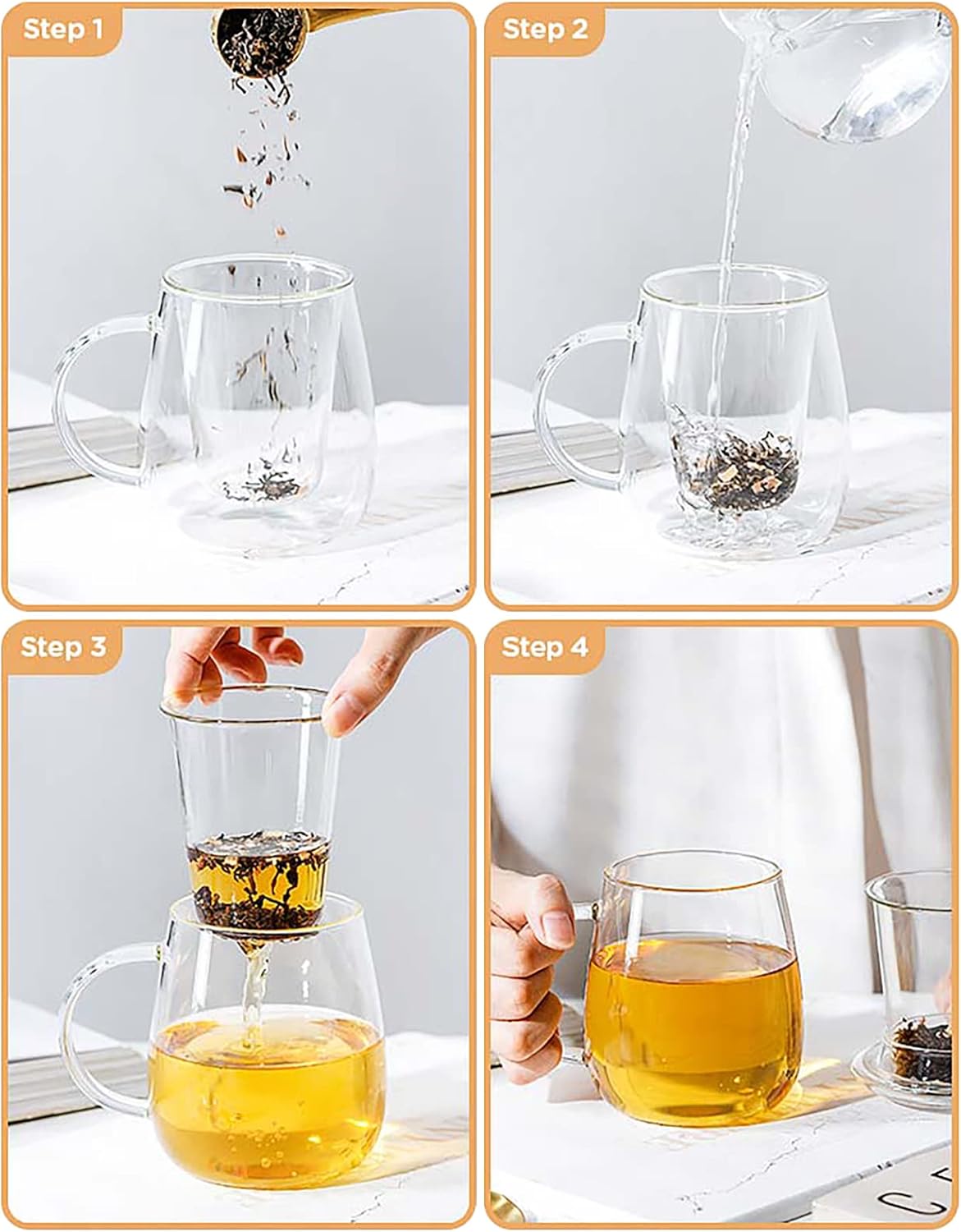 Glass Tea Infuser Cup with Lids and Handle for Blooming & Loose Leaf, 14oz | Borosilicate, Heat Resistance, Lead-free, Microwave & Dishwasher Safe