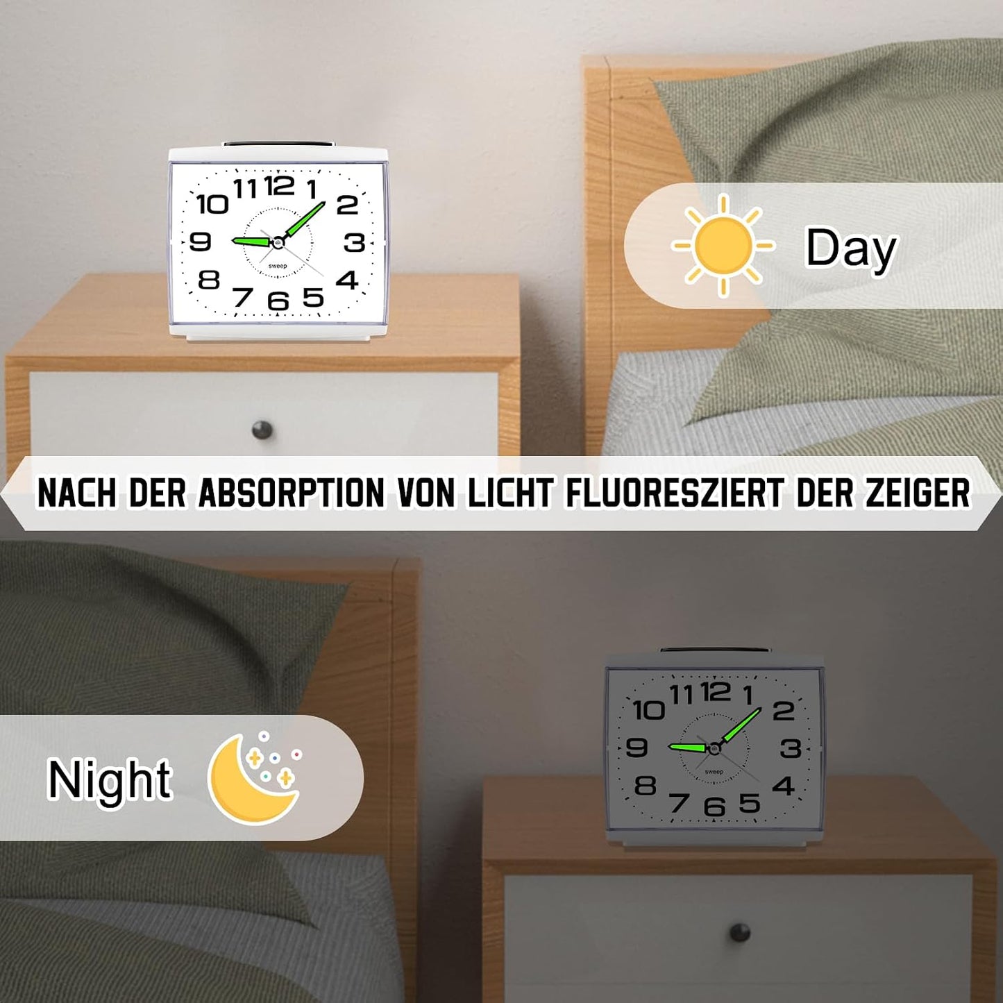 DTKID Large Alarm Clock for Bedside, Silent Non-Ticking Analog Clock with Night Light, Battery Powered, Gradually Increasing Alarm for Heavy Sleepers, Seniors