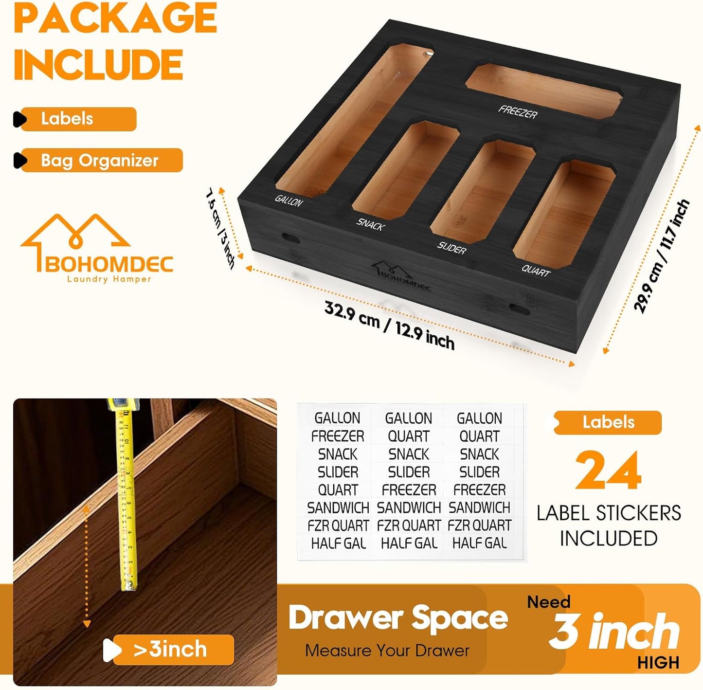 9 in 1 Foil and Plastic Wrap Dispenser with Cutter, Black Bamboo Ziplock Bag Organizer for Drawer - Holds Gallon, Quart Bags & Aluminum Foil/Wax Paper, Wall Mountable Kitchen Storage