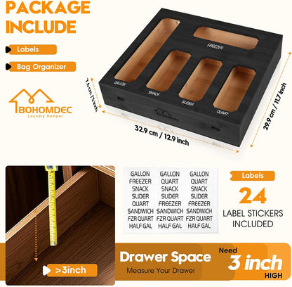 9 in 1 Foil and Plastic Wrap Dispenser with Cutter, Black Bamboo Ziplock Bag Organizer for Drawer - Holds Gallon, Quart Bags & Aluminum Foil/Wax Paper, Wall Mountable Kitchen Storage