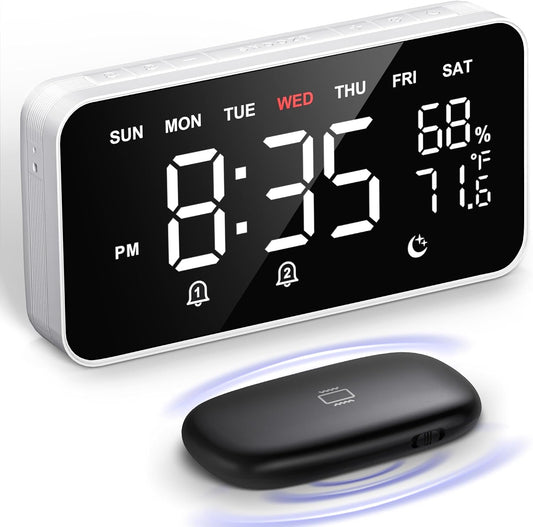Dekala Bed Shaker Loud Alarm Clock for Heavy Sleepers Adults, Vibrating Dual Alarm Clocks for Bedrooms, Large Display Auto Dimmer,Temperature & Humidity Detect, 7-Day Programmable, Ideal Gift