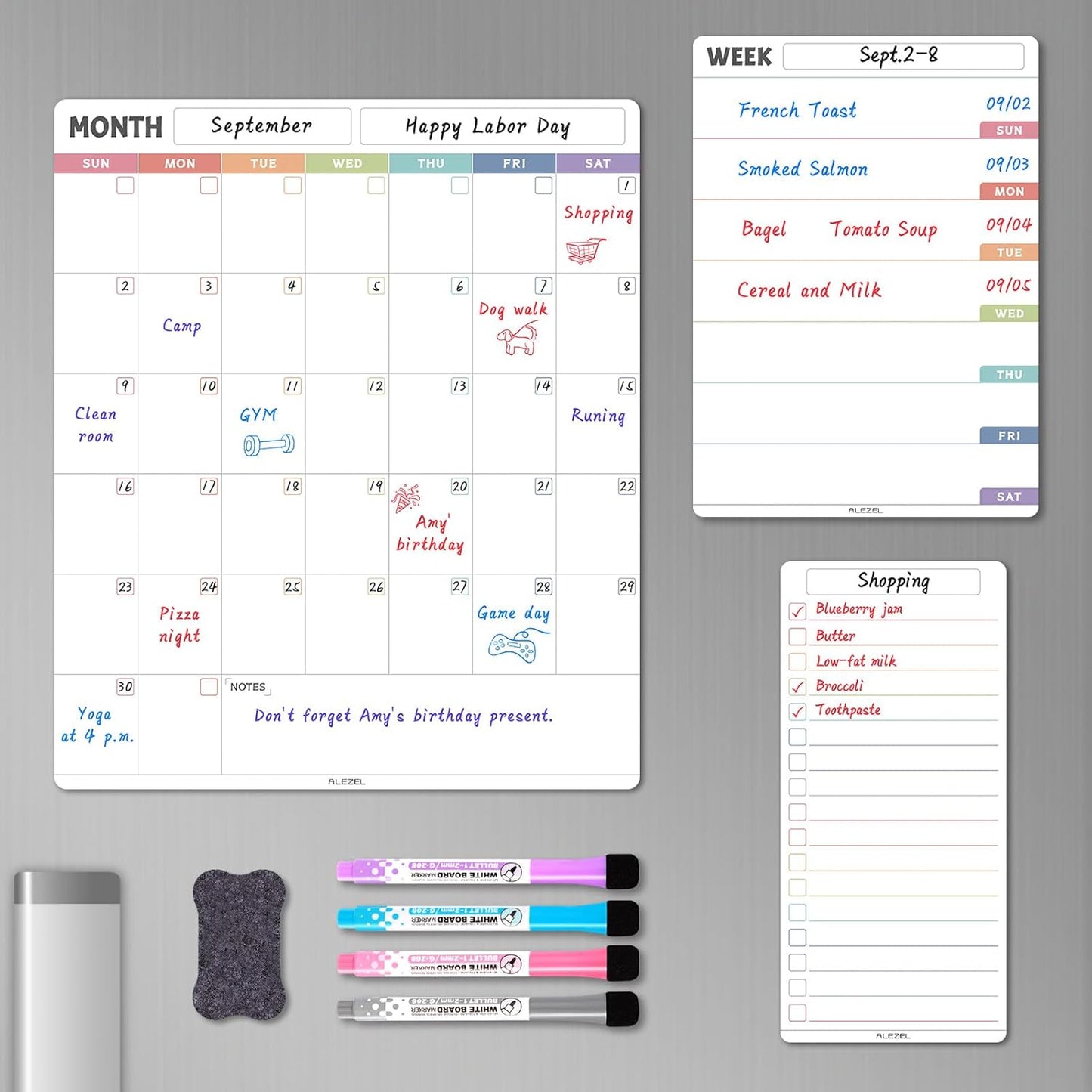 ALEZEL Magnetic Dry Erase Calendar for Refrigerator, Fridge Calendar Set | Includes Vertical Magnetic Monthly Planner Whiteboard & Weekly Dry Erase Board, List Board, 4 Markers + Eraser