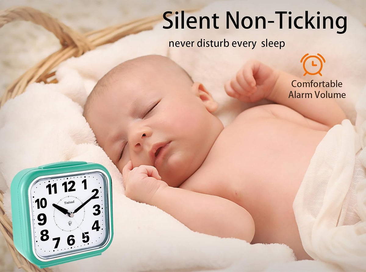 Tinload 5.5" Large No Ticking Analog Alarm Clock,Silent Readable for Seniors,Easy to Set,Gradual Rise Alarm,Big Numbers,Gentle Wake,Snooze, Lighted on Demand,Battery Operated,Black