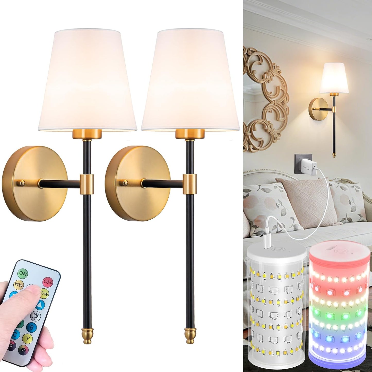 Battery Operated Wall Sconces Set Of Two, Wireless Battery Wall Light With 10000mAh RGB Rechargeable Magnetic Bulb, Rechargeable Wall Sconce With Remote Control For Bedroom, No Electrician Required