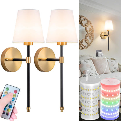 Battery Operated Wall Sconces Set Of Two, Wireless Battery Wall Light With 10000mAh RGB Rechargeable Magnetic Bulb, Rechargeable Wall Sconce With Remote Control For Bedroom, No Electrician Required