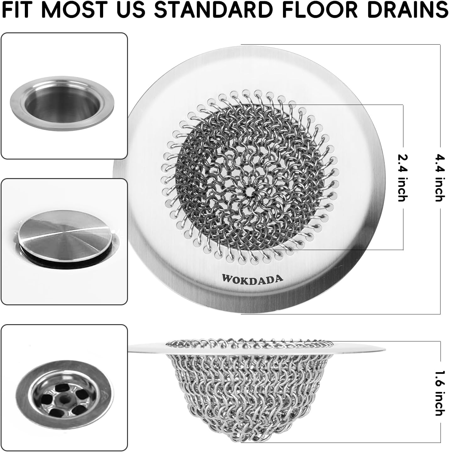 Shower Drain Hair Catcher, Patented Bathtub Drain Cover, Anti-Clog | Reversible Flip Clean, Fast Drainage, Anti-Slip Base, 304 Stainless Steel Chain Mail Mesh, 4.4" for Bathtub & Shower Drains