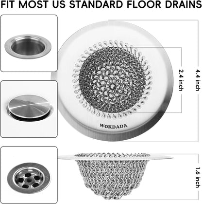 Shower Drain Hair Catcher, Patented Bathtub Drain Cover, Anti-Clog | Reversible Flip Clean, Fast Drainage, Anti-Slip Base, 304 Stainless Steel Chain Mail Mesh, 4.4" for Bathtub & Shower Drains