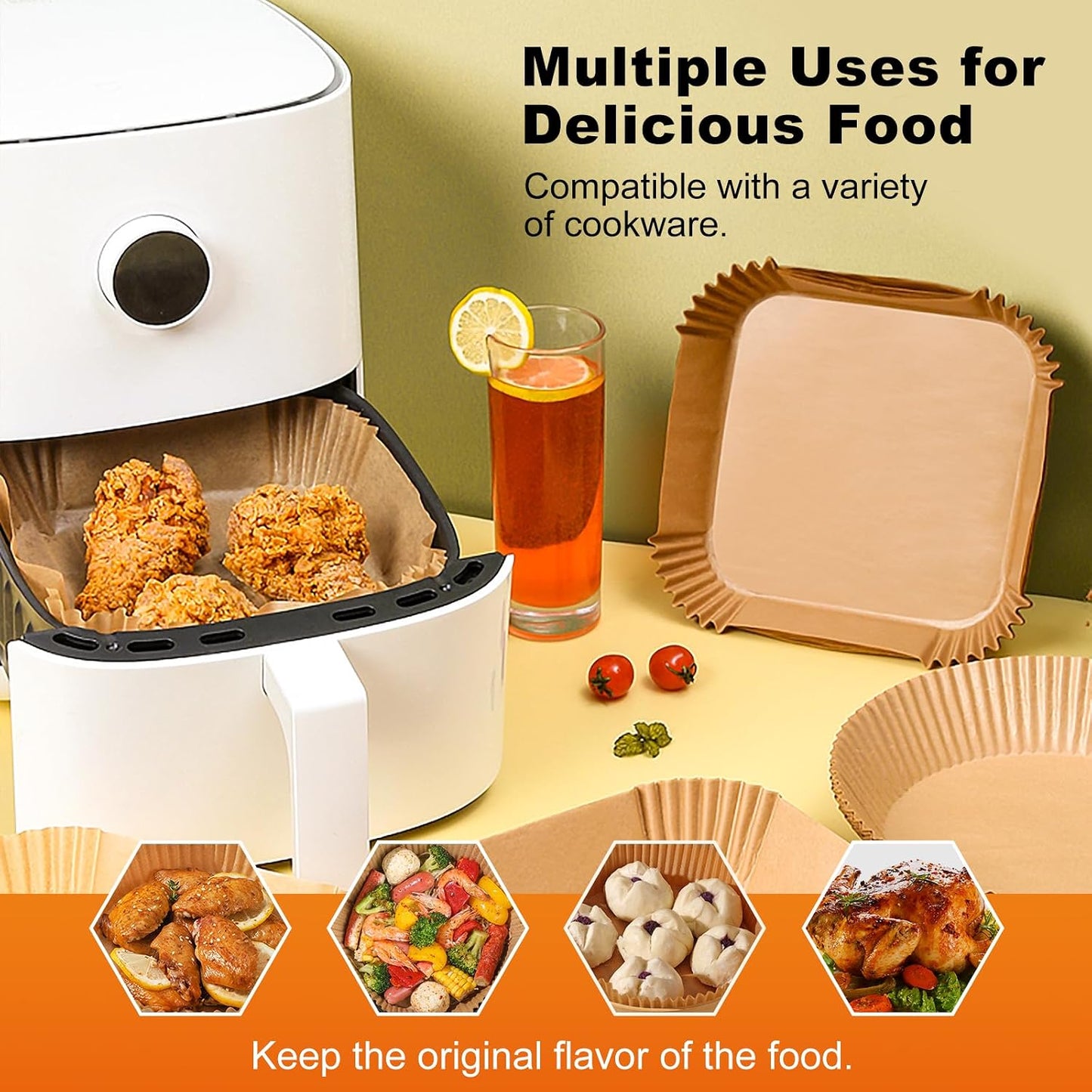Air Fryer Liners Disposable, 100Pcs 8" Square Air Fryer Paper for 5-8 QT | Waterproof and Oilproof for Easy Cleanup, Unbleached Non-Stick Parchment Paper for 5-8 QT Air Fryer, Baking, Microwave, Oven