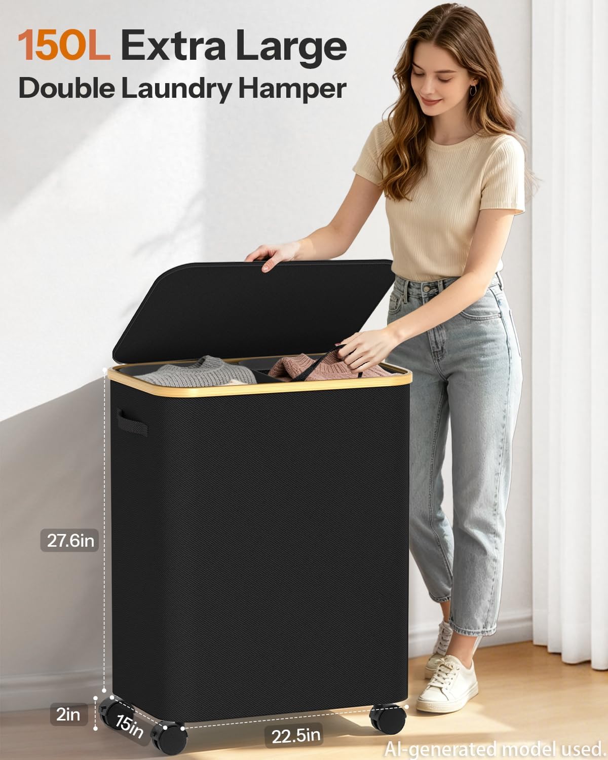 Double Laundry Basket with Wheels and Lid, 150L Clothes Hampers for Laundry | Large Laundry Hamper with 2 Sections & Removable Liner Bags, Rolling Dirty Clothes Basket for Bedroom Bathroom Dorm College