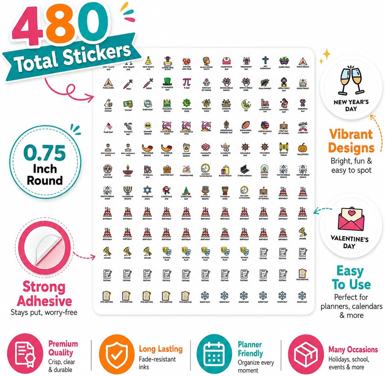 Andaz Press Colorful 7 Days of Week Stickers, Day Week Calendar Stickers for Adults Planner Day Dots Food Labels for Food Containers Date Calendar Planner Stickers Week Day Sticker Labels, 480-Pack