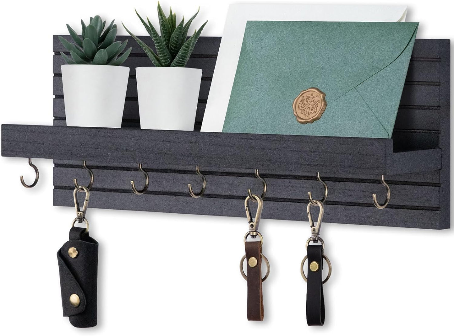 Lwenki Decorative Key Holder for Wall with Shelf, Entryway Shelf with Hooks Holds Leashes, Jackets and Glasses – Sturdy Wood Keyholder Entrance Hanger with Mounting Hardware (Black, Medium)