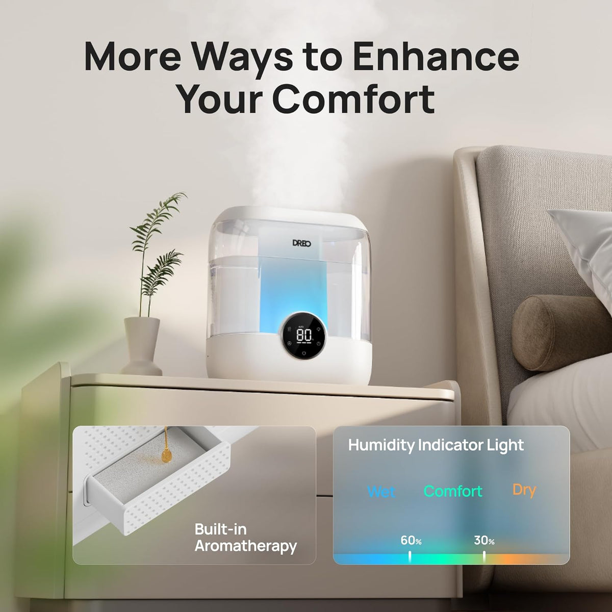 DREO 3L Humidifiers for Bedroom, 30H Runtime, 26 dB Quiet, Black