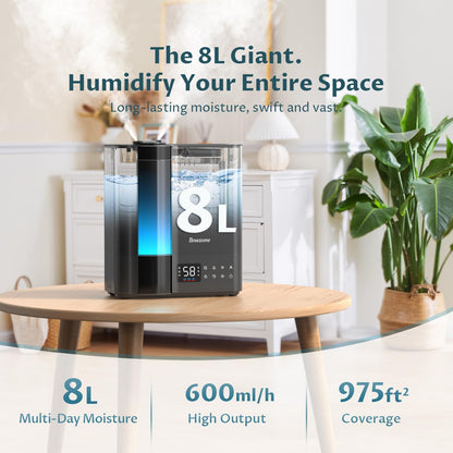 BREEZOME 8L Warm & Cool Mist Humidifier for Large Room 25dB 60H Runtime | Top Fill, 7-Color Mood Light, Smart Auto Humidistat, Essential Oil Tray, Safe Child Lock, 1-24H Timer for Bedroom Baby Plants