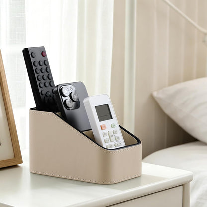 Remote Control Holder, Small Desk Organizer TV Remote Caddy, Black | PU Leather 3 Compartments Remote Holder, Remote Organizer Nightstand Organizer for Couch Bedside Living Room Office