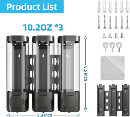 Shampoo and Conditioner Dispenser for Shower Wall Mount 3 Chamber, Black | Shower Soap Dispenser for Wall, 10.2 OZ Plastic Refillable Body Wash Bottles for Bathroom, No Drill Wall Mounted