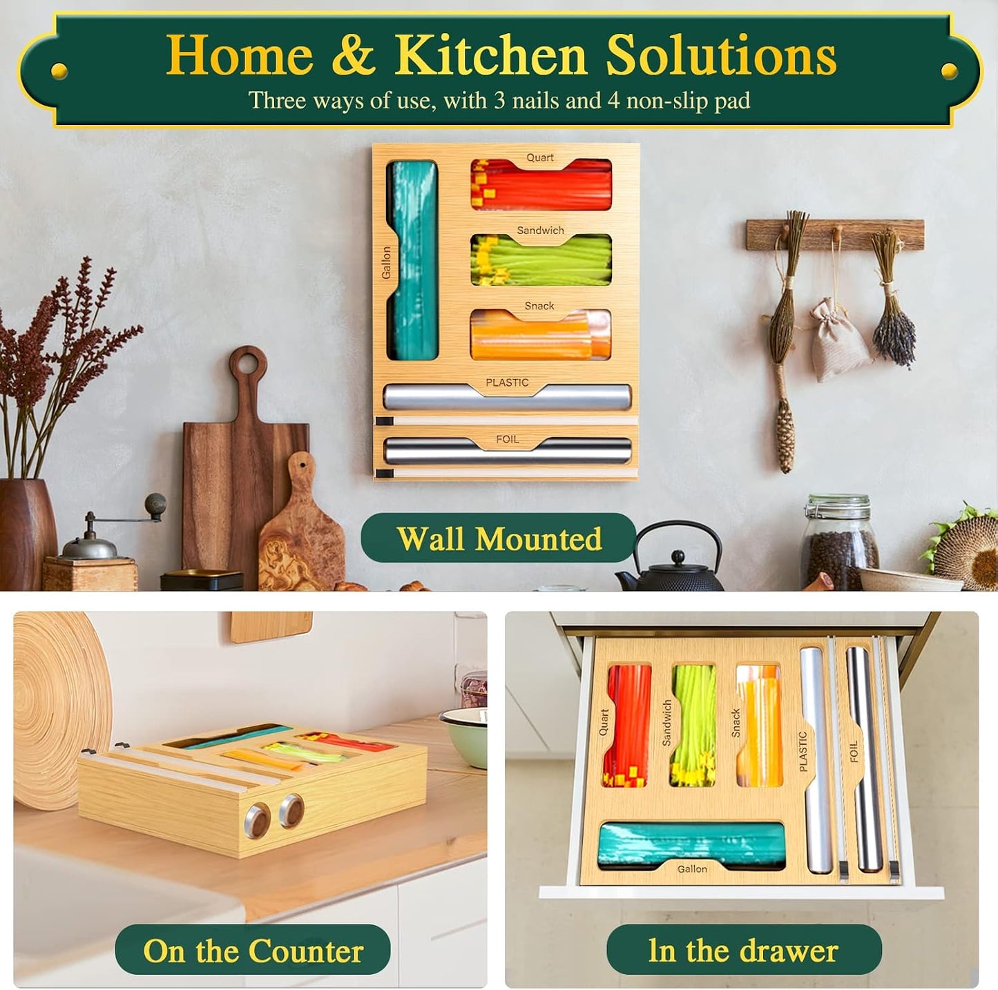 KOCWELL Bag Organizer and Plastic Wrap Dispenser with Cutter, 6 In 1 Bamboo Foil and Plastic Wrap Organizer for Kitchen Drawer, Food Storage Bag Organizer for Gallon,Quart,Sandwich,Snack(Yellow)