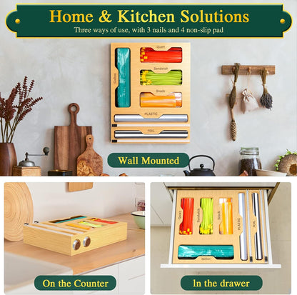 KOCWELL Bag Organizer and Plastic Wrap Dispenser with Cutter, 6 In 1 Bamboo Foil and Plastic Wrap Organizer for Kitchen Drawer, Food Storage Bag Organizer for Gallon,Quart,Sandwich,Snack(Yellow)