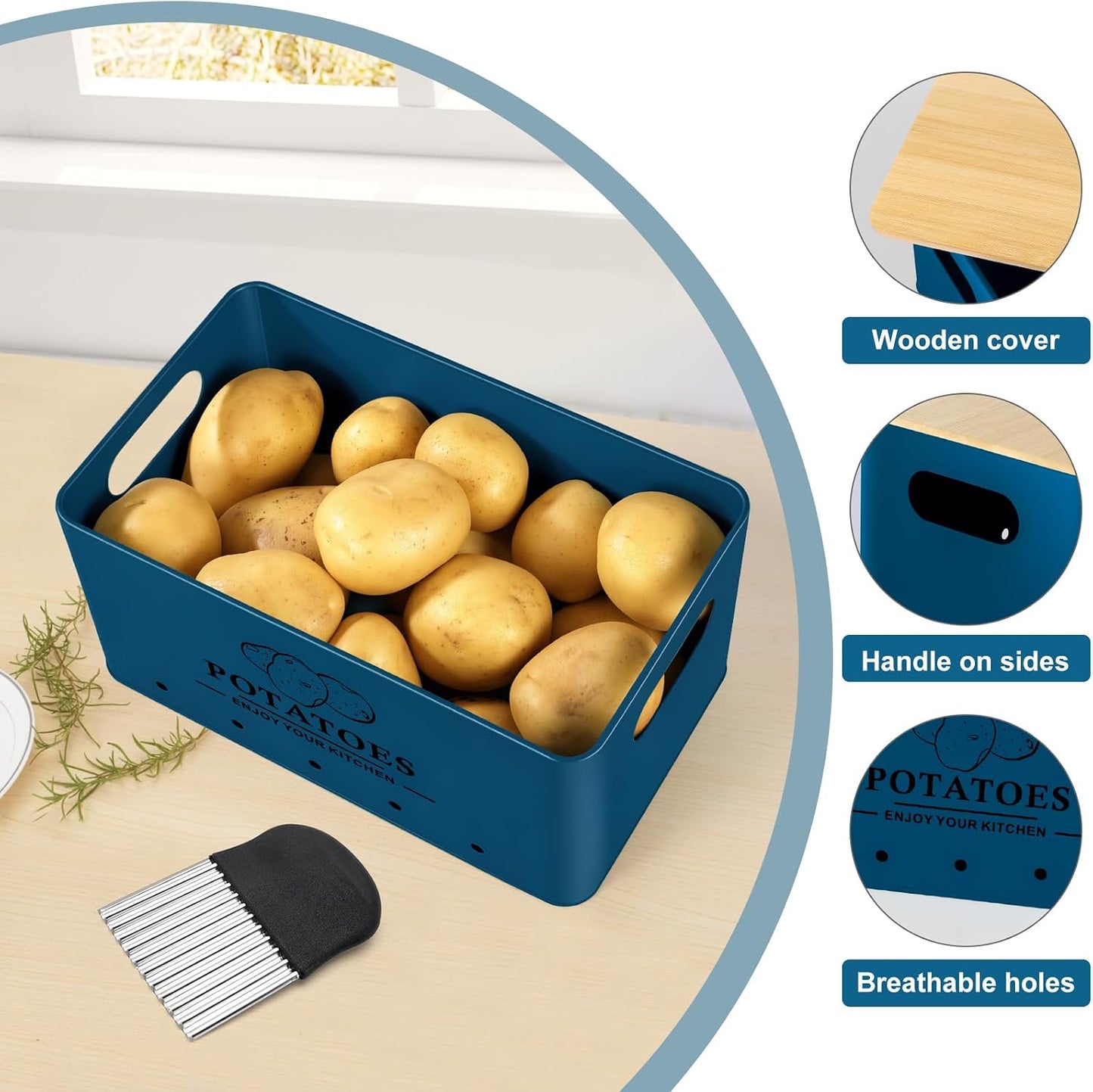 Kitchen Vegetable Storage Set of 3, Metal Onion Garlic Potato Storage Set, Kitchen Canisters Vegetable Keeper Containers with Aerating Holes and Bamboo Lid,Black