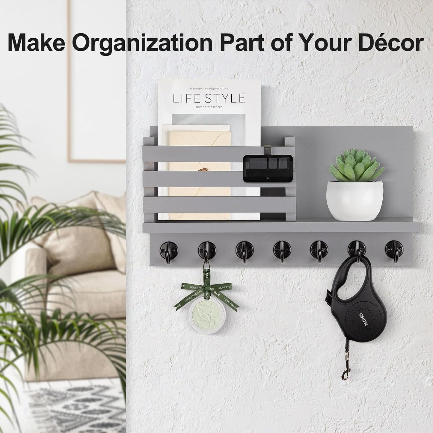 Lwenki Key Holder for Wall – Decorative Wooden Mail Holder and Key Shelf with Mounting Hardware, Installation Guide – Paulownia Wood with Metal Key Hooks (Black, Large - 11.8inch)