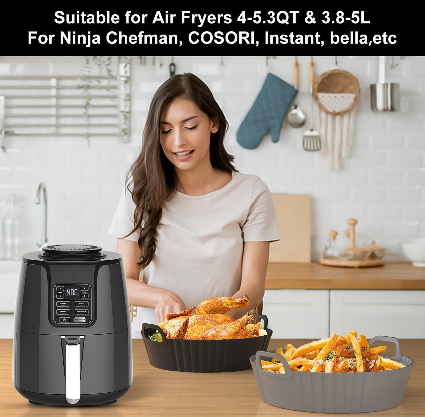 Silicone Air Fryer Liners 2 Pack, Reusable Compatible for Ninja Foodi DZ201, DZ401, DZ550, DZ302, COSORI 9QT, Chefman, Instant, and 6-in-1 8-10QT Dual Baskets