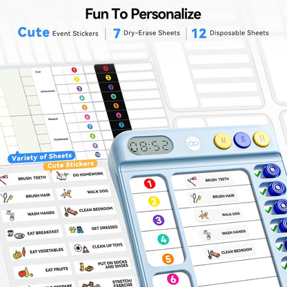 Chore Chart for Kids with Visual Timer, ADHD Tools Visual Schedule Planning Board with Slider, 20 Personalizable Cards and Magnetic Marker, Morning/Bedtime/Daily Routine Chart Checklist - Blue