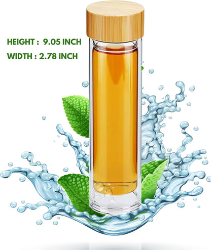 15oz Double Wall Glass Water Bottle with Bamboo Lid and Tea Infuser – Insulated, Leak-Proof, and Eco-Friendly Travel Tea Mug with Filter for Hot or Cold Beverages | Built-In Filter, Leak-Proof Double-Wall Glass, Loose-Leaf Tea, Fruit-Infused Water,