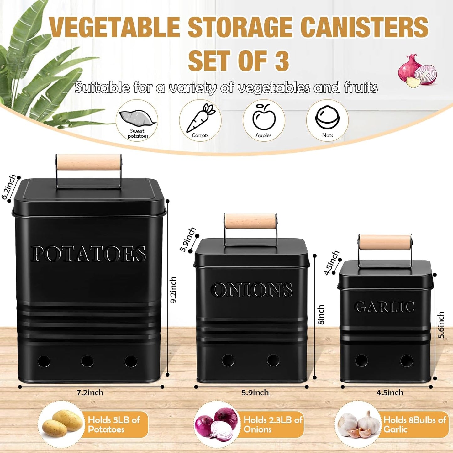 3 Pcs Potato Onion Garlic Storage Bin Metal Vegetable Keeper Container with Lid Aerating Hole Farmhouse Style for Kitchen Counter Pantry Sweet-potato Carrot Fruit Keep Fresh Longer (White)