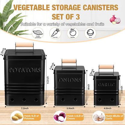 3 Pcs Potato Onion Garlic Storage Bin Metal Vegetable Keeper Container with Lid Aerating Hole Farmhouse Style for Kitchen Counter Pantry Sweet-potato Carrot Fruit Keep Fresh Longer (White)