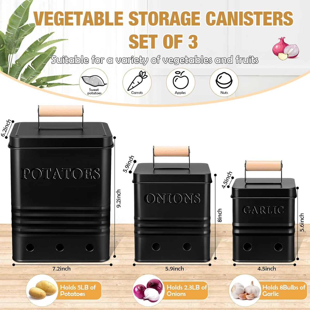 3 Pcs Potato Onion Garlic Storage Bin Metal Vegetable Keeper Container with Lid Aerating Hole Farmhouse Style for Kitchen Counter Pantry Sweet-potato Carrot Fruit Keep Fresh Longer (White)