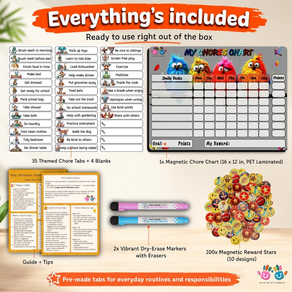 Mimi Doodle Magnetic Chore Chart for Kids – 16x12 Dry Erase Daily Responsibility Board for Fridge with 39 Chore tabs, 100 Reward Stickers – Behavior Chart for Kids at Home – Simple Theme