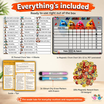Mimi Doodle Magnetic Chore Chart for Kids – 16x12 Dry Erase Daily Responsibility Board for Fridge with 39 Chore tabs, 100 Reward Stickers – Behavior Chart for Kids at Home – Simple Theme