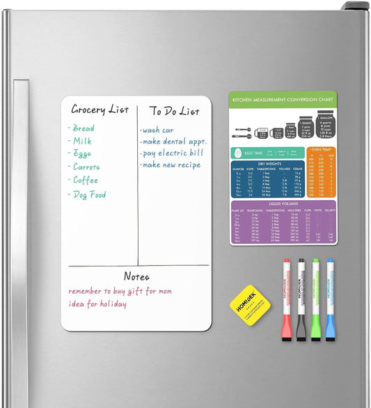 Magnetic Dry Erase Board: Small Fridge Whiteboard, Flexible Refrigerator Magnet White Board, Blank Writing Note Sheet with Dishwasher Magnet Clean Dirty Sign, 4 Markers & Eraser - 12 x 8