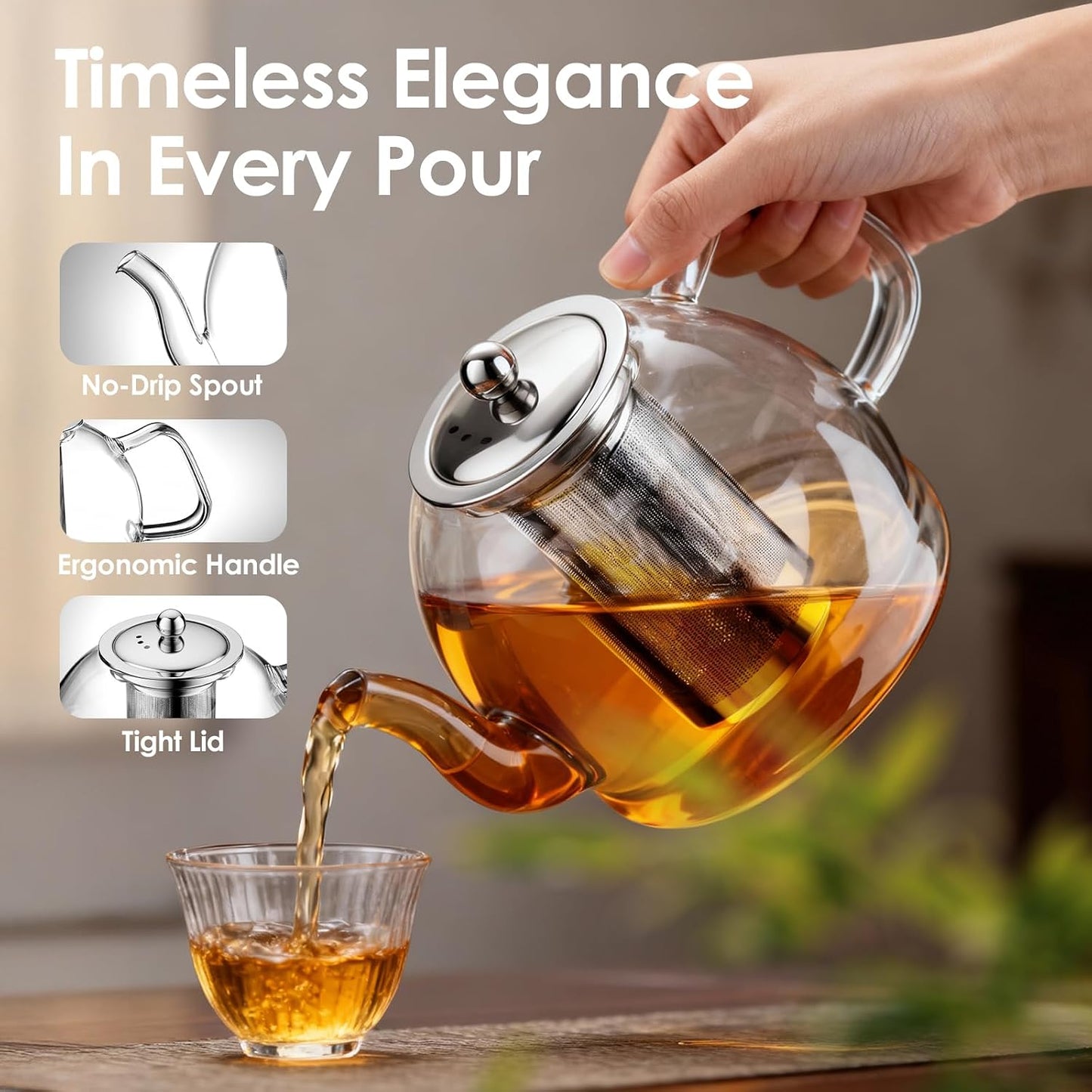 Glass Teapot, 40oz/1200ml Tea Pot with Removable Infuser for Loose Tea | Stovetop Safe Borosilicate Glass Tea Kettle with Strainer and Lid, Hand Crafted Clear Teapot with Scale Line,Tea Brewer Guide