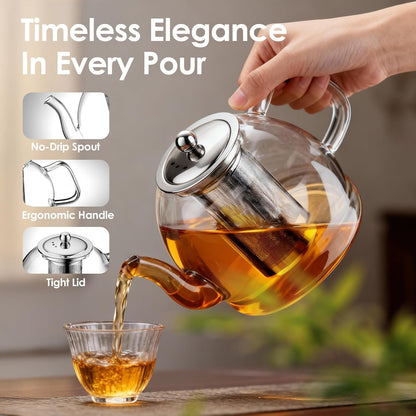 Glass Teapot, 40oz/1200ml Tea Pot with Removable Infuser for Loose Tea | Stovetop Safe Borosilicate Glass Tea Kettle with Strainer and Lid, Hand Crafted Clear Teapot with Scale Line,Tea Brewer Guide