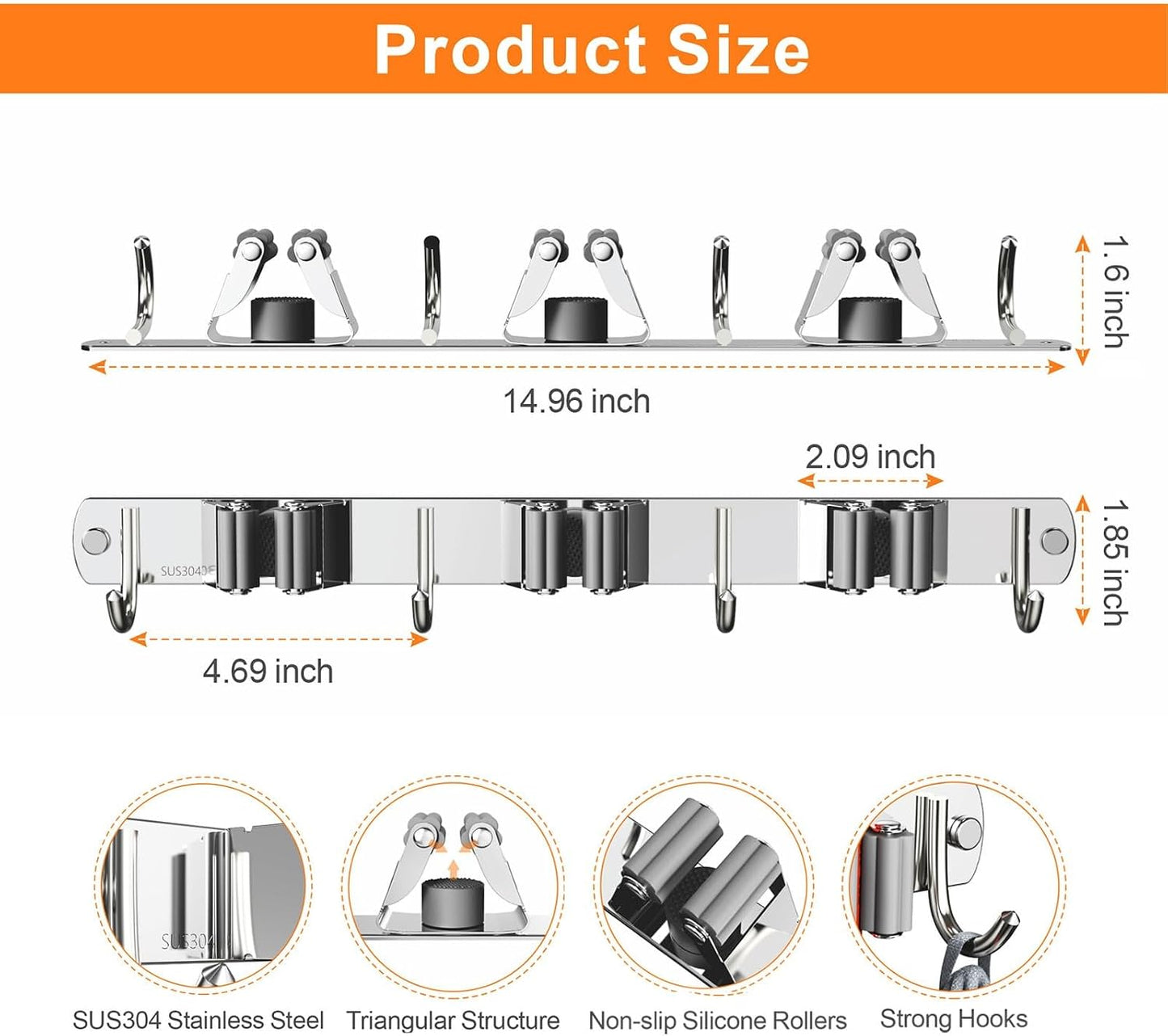 CUXIXA Mop and Broom Holder Wall Mount, Upgraded Broom Organizer Wall Mount, Stainless Steel Broom Hanger Wall Mount for Home Kitchen Garden Laundry Garage (3 Racks with 4 Hooks)