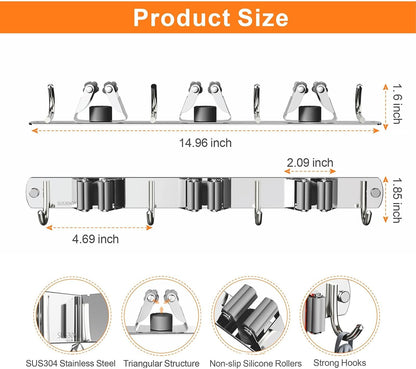 CUXIXA Mop and Broom Holder Wall Mount, Upgraded Broom Organizer Wall Mount, Stainless Steel Broom Hanger Wall Mount for Home Kitchen Garden Laundry Garage (3 Racks with 4 Hooks)