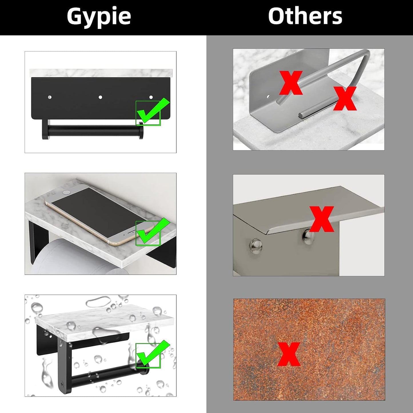 Gypie Marble Toilet Paper Holder with Shelf, Wall Mounted Matte Black | Stainless Steel Tissue Roll Paper Holder Dispenser for Bathroom Washroom