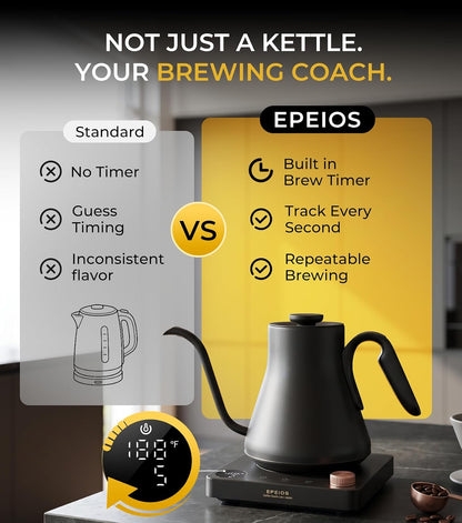 Epeios Gooseneck Electric Kettle 1°F Temperature Control,1200W,0.9L,Black | Rapid Heating, for Pour Over Coffee & Tea,Hot water Boiler,Brew Timer, 304 Stainless Steel Interior, Auto Shut-Off