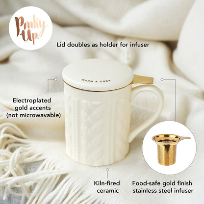 Pinky Up Annette Ceramic Tea Cup with Infuser and Lid, Travel Mug for Loose Leaf Teas, Home Office, Camping, Picnic Party, 12 oz, Set of 1, Honeycomb
