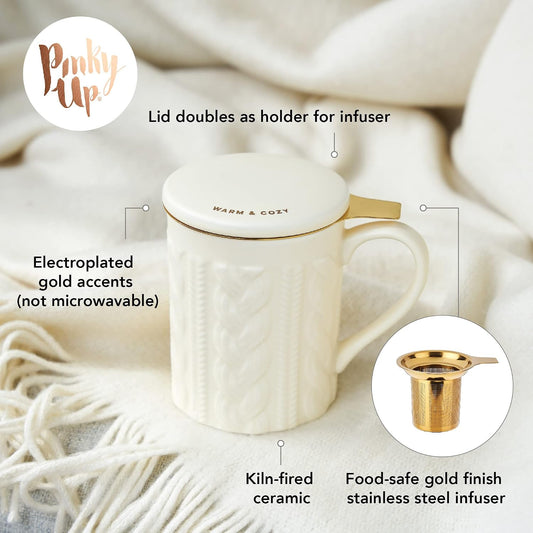 Pinky Up Annette Ceramic Tea Cup with Infuser and Lid, Travel Mug for Loose Leaf Teas, Home Office, Camping, Picnic Party, 12 oz, Set of 1, Honeycomb