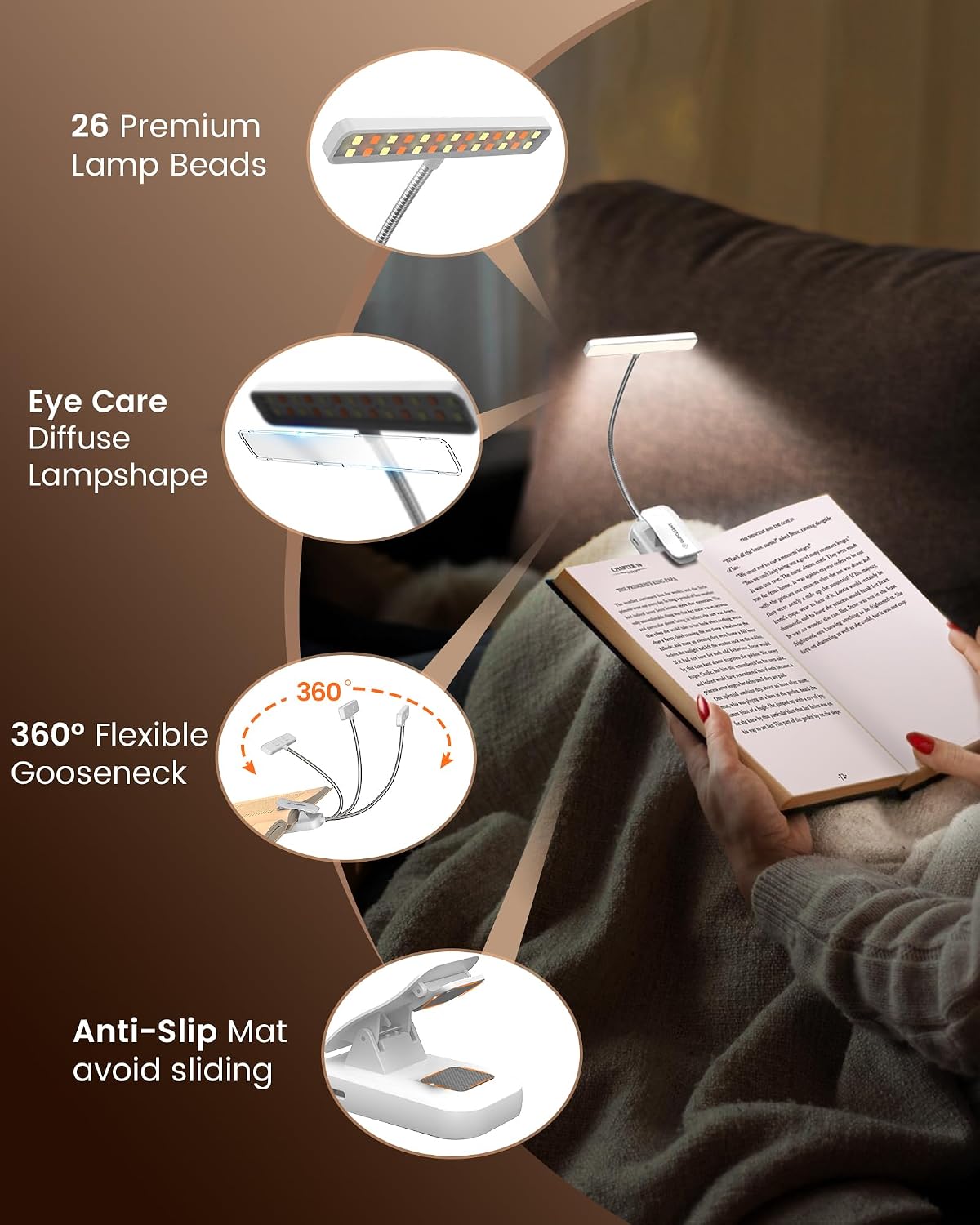 Glocusent 26 LED Reading Lights for Books in Bed, Ideal Gifts for Reader | Rechargeable Book Light, Eye Caring 5 Amber Colors Stepless Dimming, Travel Lightweight Clip-on, Book Lovers Men Women Kids