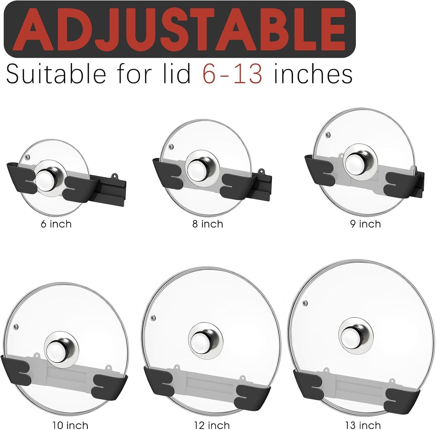 Adjustable Universal Pot Lid Holder Organizer - Upgraded Patented Pan Lids Organizers Inside Cabinet Door Wall Mount Pots Top Rack for Kitchen Cupboard Fit 6" to 13" (4Pack-Black)